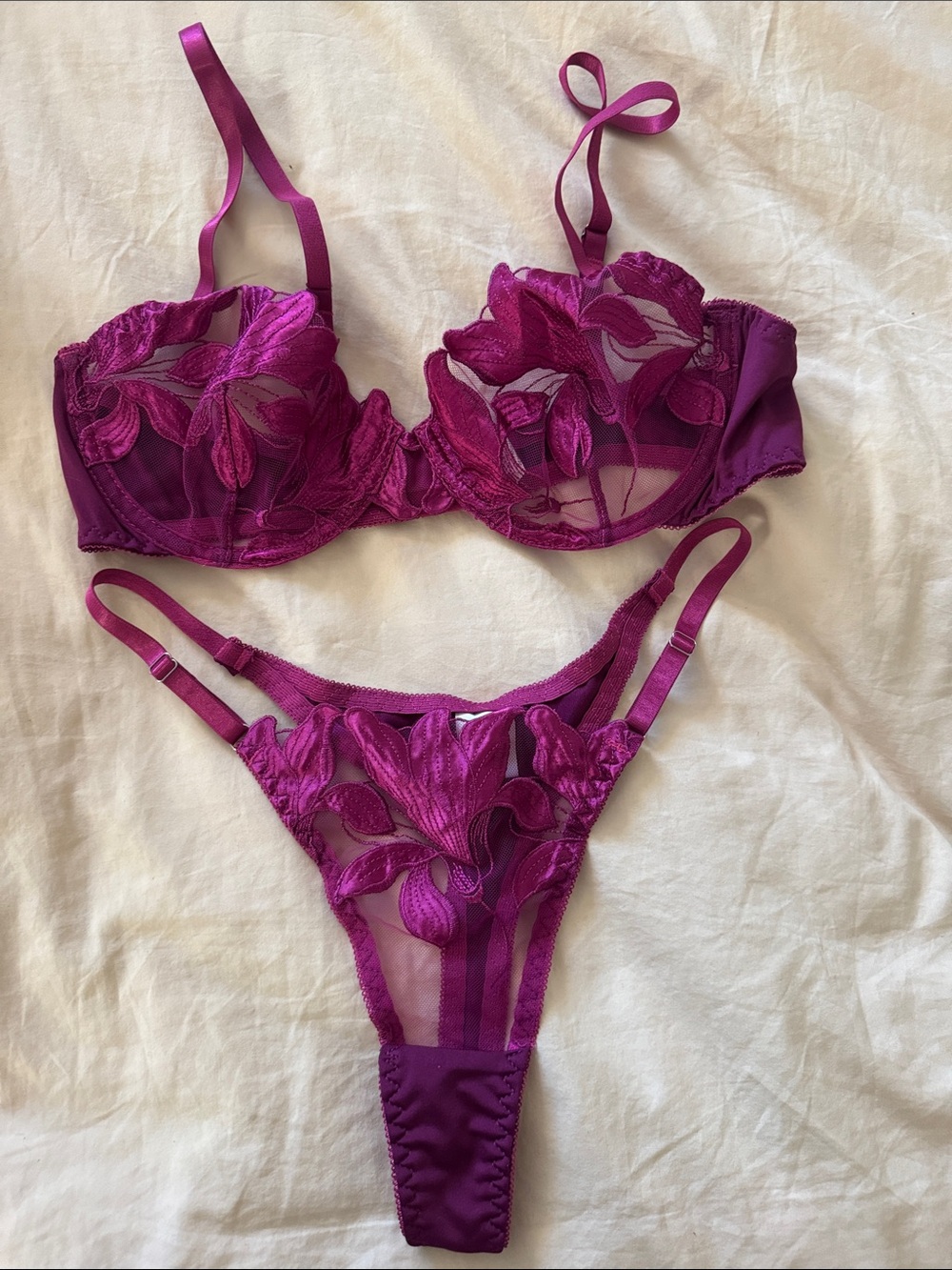Sheer Floral Embroidered Bra & Thong Set in Magenta